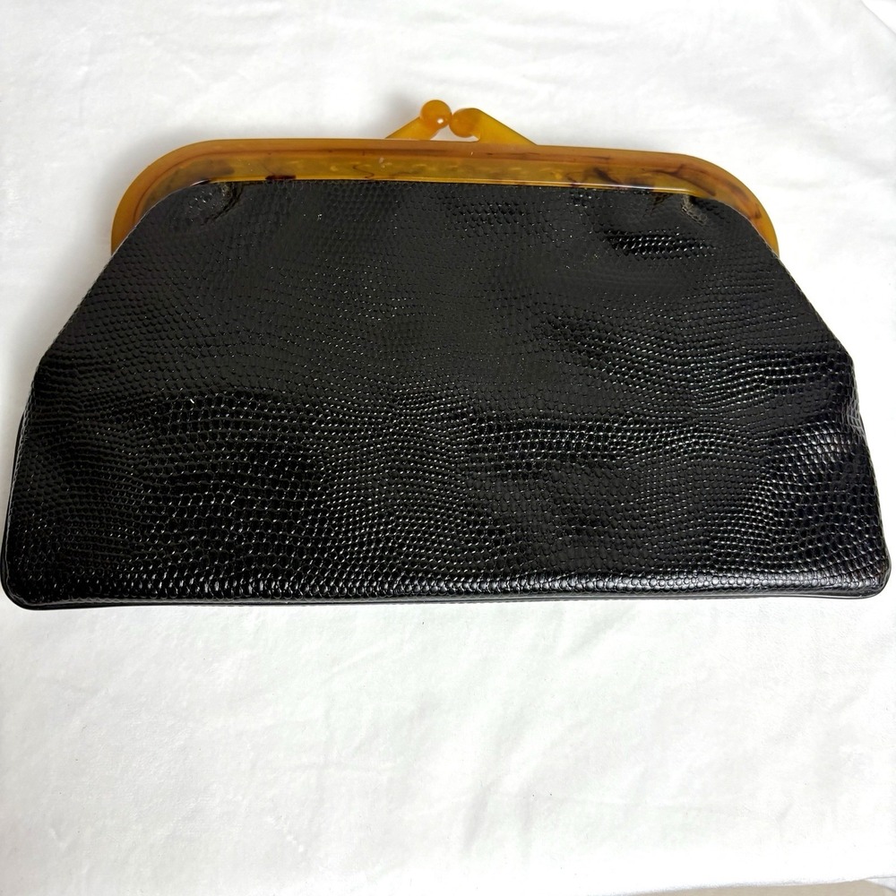 Vintage 70s Black Faux Snakeskin Clutch With Tortoiseshell Lucite Kisslock Frame - Picture 2 of 10